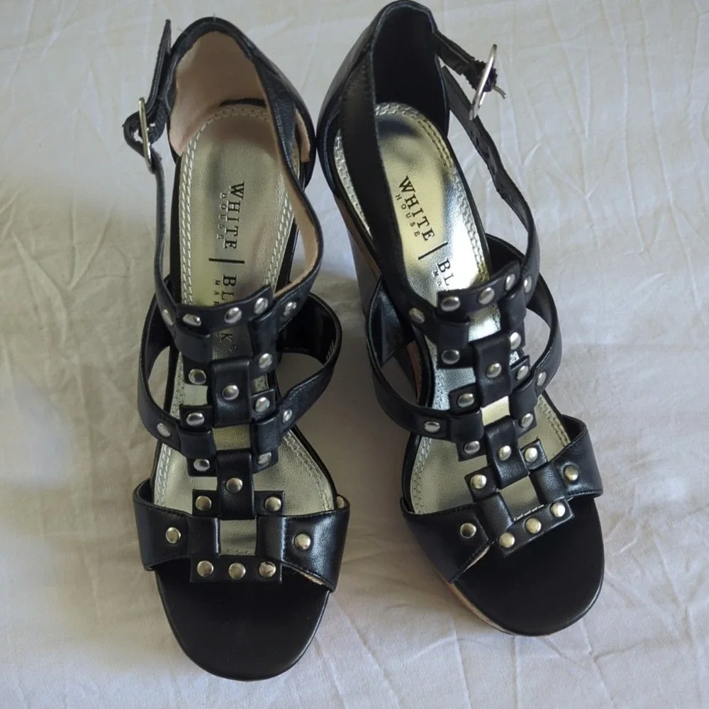 WHBM Wedge Sandals Black Leather Studded Strappy Sz 6M Edgy Goth Punk Going Out